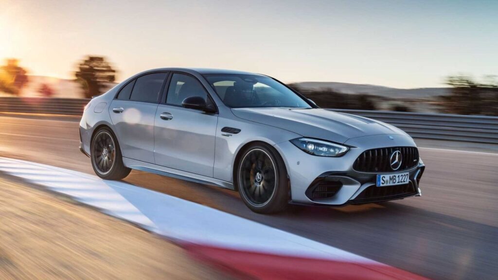 Mercedes-AMG’s V8 Comeback Looks More Plausible After New S580 Engine Mercedes-AMG performance sedan driving on a dark road with dramatic lighting