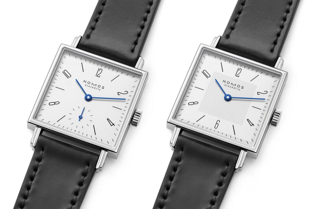 Nomos Tetra 27 white and Tetra 27 duo square watches with compact polished steel cases
