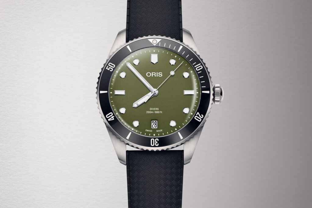 Oris Gives the Divers Date a Sharper Olive Green Dial Oris Divers Date Olive Green watch with stainless steel bracelet and black ceramic bezel