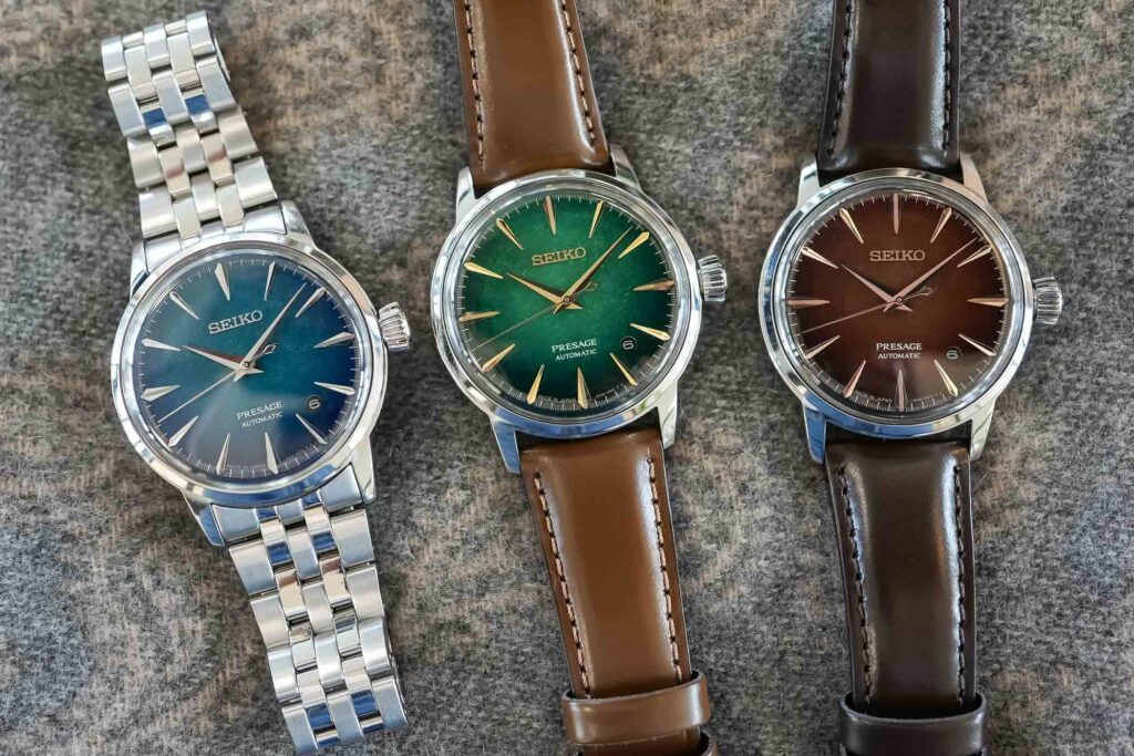 Seiko Presage Cocktail Time HCB001 HCB002 and HCB003 watches with blue green and brown gradient dials