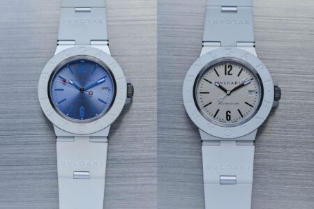 Bulgari Aluminium Ice Blue and White watches with white rubber bezels and straps