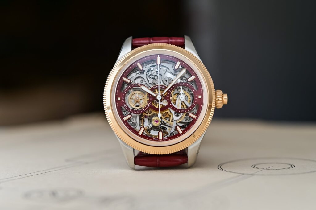 Minerva’s 39mm Unveiled Secret Puts Its Chronograph on Full Display Minerva Unveiled Secret 39mm with inverted monopusher chronograph movement visible on the dial
