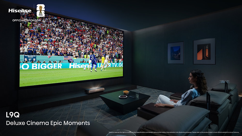 Hisense Wants Your Living Room Ready for the FIFA World Cup 2026™ Hisense laser display showing a football match in a modern living room