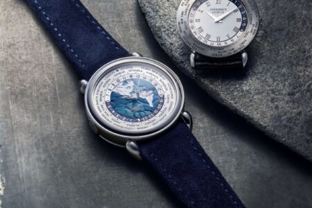 Andersen Genève Gives the Communication 45 a Platinum and Blue Finish Andersen Genève Communication 45 Platinum worldtimer with blue BlueGold dial on dark blue suede strap