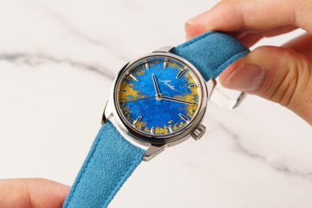 Awake Frosted Leaf Royal Blue watch with blue lacquer and gold leaf dial
