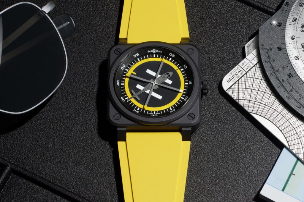 Bell & Ross BR-03 Helipad watch with black ceramic case and yellow helipad-inspired dial