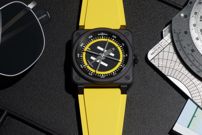 Bell & Ross BR-03 Helipad watch with black ceramic case and yellow helipad-inspired dial