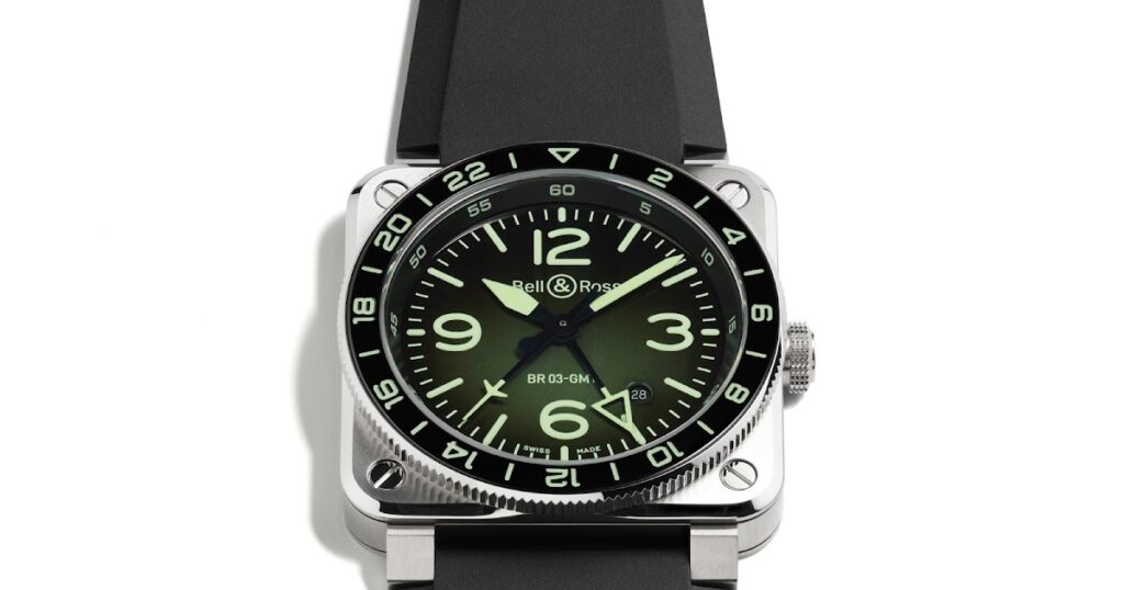 Bell & Ross BR-03 GMT Green Lum watch with green luminous Northern Lights styling