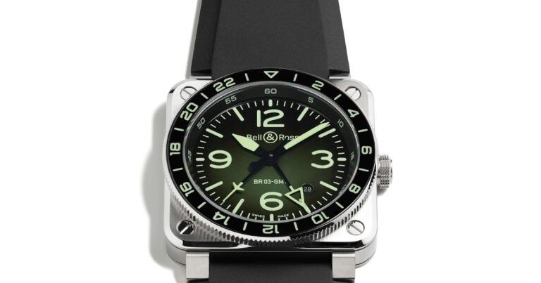 Bell & Ross BR-03 GMT Green Lum watch with green luminous Northern Lights styling