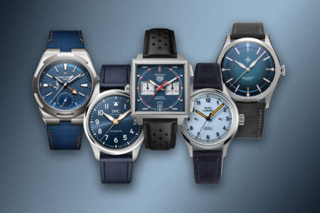 Selection of blue dial watches showing dive, field and dress-inspired designs