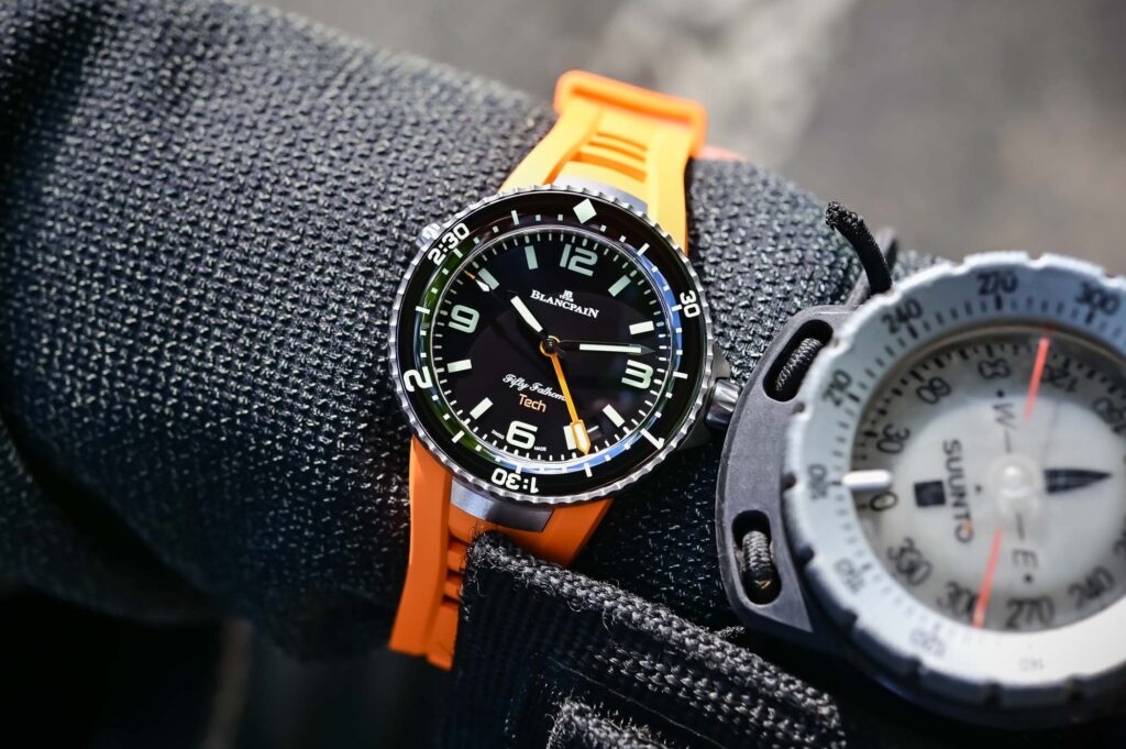 Blancpain Fifty Fathoms Tech Ref. 5019A titanium dive watch with black dial and orange strap