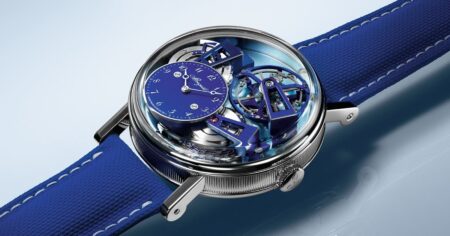 Breguet’s Tradition Tourbillon 7047 Turns Platinum and Bleu de France Breguet Tradition Tourbillon 7047 in platinum with glacier blue and Bleu de France movement details