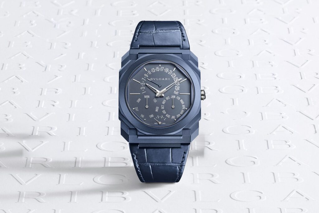 Bulgari Gives the Octo Finissimo Perpetual Calendar a Blue Titanium Finish Bulgari Octo Finissimo Perpetual Calendar in blue PVD-coated titanium