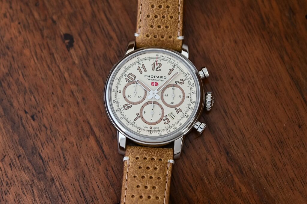 Chopard Mille Miglia Classic Chronograph Raticosa Adds Vintage Warmth for 2026 Chopard Mille Miglia Classic Chronograph Raticosa with eggshell dial and brown perforated leather strap