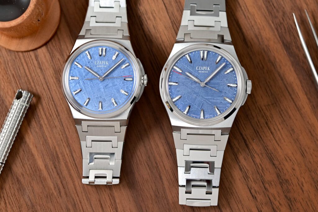 Czapek Antarctique Frozen Meteor watch with blue Gibeon meteorite dial and integrated steel bracelet