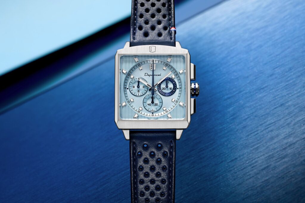 Depancel Serie-R Ice Blue Channels A Coachbuilt Talbot-Lago Depancel Serie-R Ice Blue chronograph with rectangular stainless steel case and blue rally strap