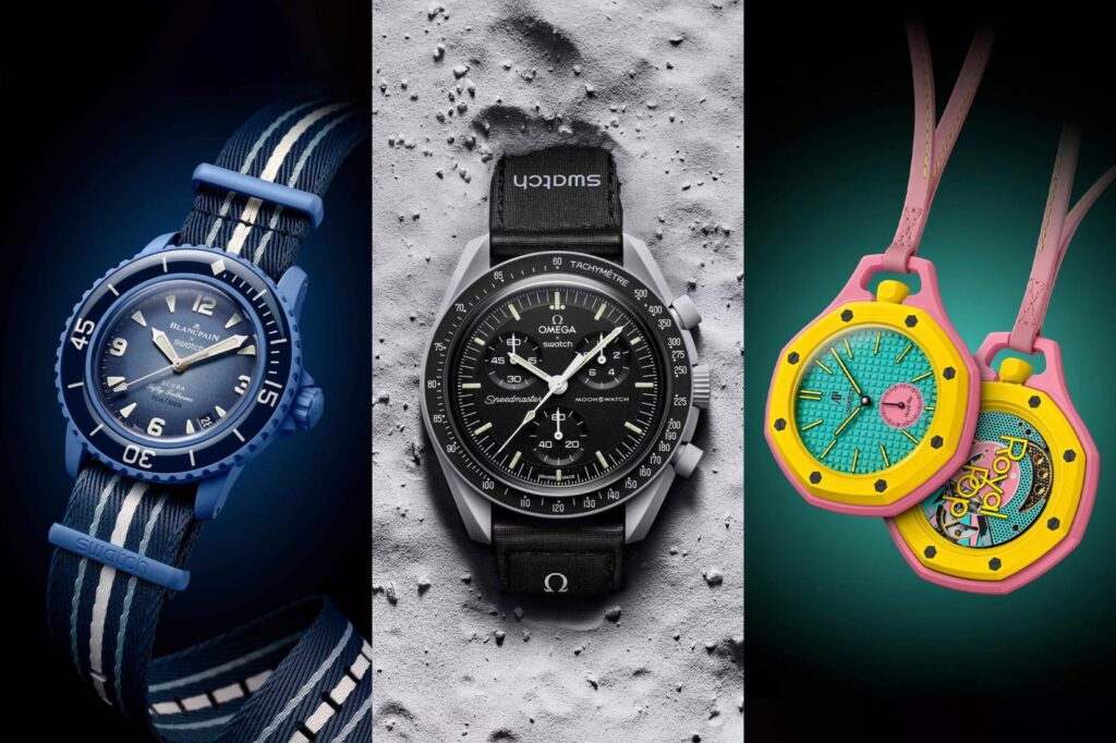 Colourful Swatch collaboration watches arranged together with Bioceramic cases