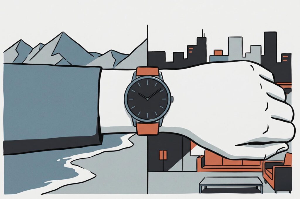 Steel everyday automatic watch on a neutral strap worn with smart casual clothing