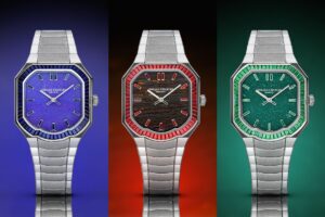 Gerald Charles Masterlink Gem Set Stone Dial watches with natural mineral dials and baguette-set bezels