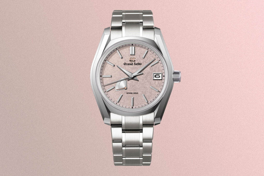 Grand Seiko’s Peach Blossom 62GS Spring Drive Is an Atlanta Boutique Exclusive Grand Seiko Spring Drive Peach Blossom 62GS SBGA529 with peach dial and titanium bracelet