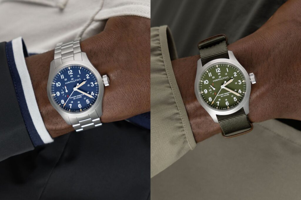 Hamilton Brings Green and Blue Dials to the Khaki Field Power Reserve 40mm Hamilton Khaki Field Power Reserve 40mm watches with green and blue dials