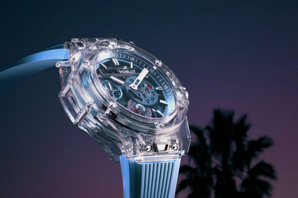 Hublot Big Bang Sapphire Sky Blue with transparent sapphire case and sky-blue rubber strap