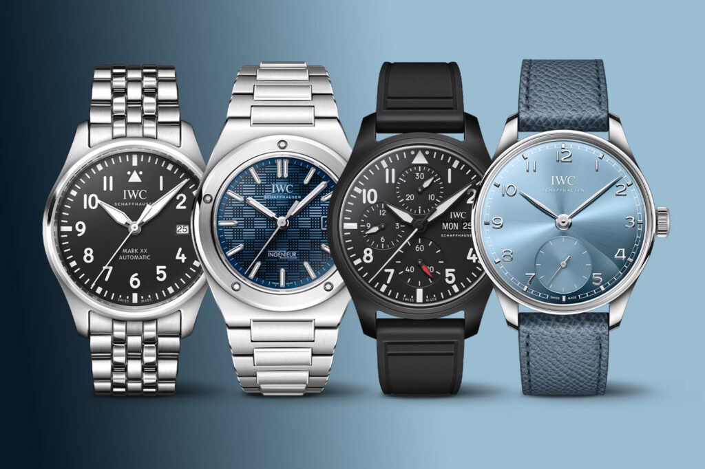 IWC Pilot’s Watch models including Mark XX and Big Pilot on a dark aviation-inspired surface