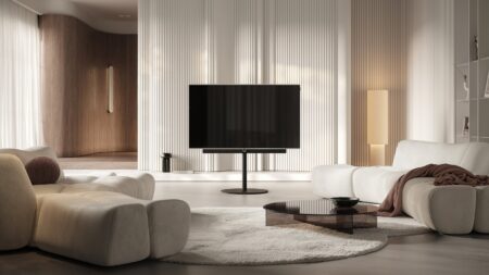Loewe antares OLED TV with customisable stand and minimalist widescreen design