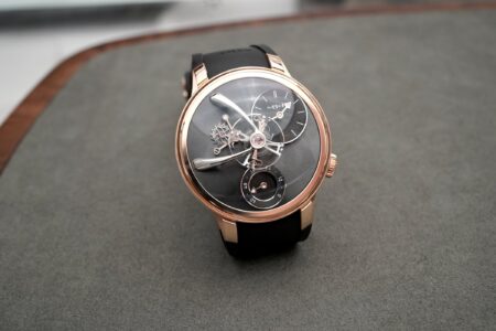 MB&F LM101 Evo NYC Edition in rose gold with black dial and suspended balance wheel
