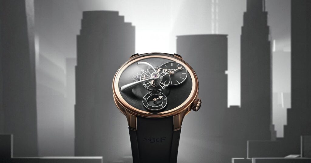 MB&F Opens Its New York Lounge With a Rose Gold LM101 EVO MB&F LM101 EVO NYC Edition in rose gold with black dial plate and suspended balance wheel