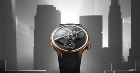 MB&F LM101 EVO NYC Edition in rose gold with black dial plate and suspended balance wheel
