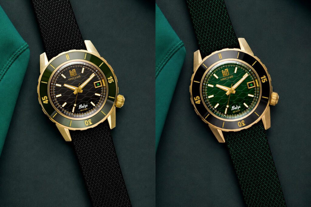 March LA.B Belza Twin bronze dive watch with green dial and ceramic bezel