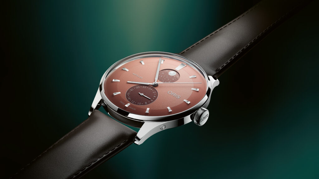 Oris Artelier Complication watch with moon phase and 24-hour second time zone dial