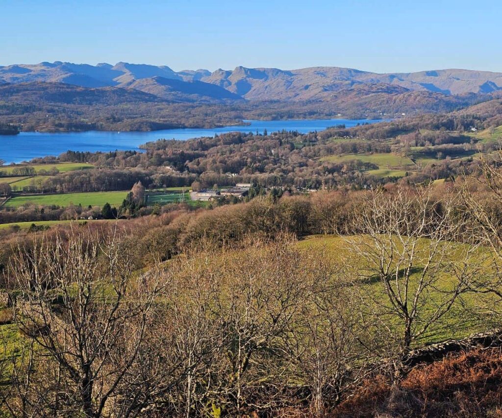 Panoramic view from Orrest Head over Windermere and the surrounding Lake District fells