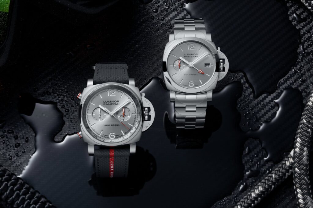 Panerai Luminor Luna Rossa Chrono PAM01768 and GMT PAM01791 watches with silver dials and red accents