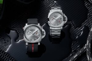 Panerai Luminor Luna Rossa Chrono PAM01768 and GMT PAM01791 watches with silver dials and red accents