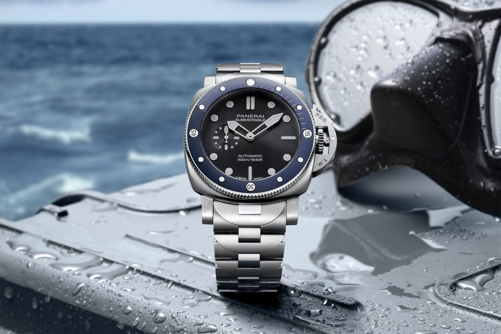 Panerai Submersible PAM01756 stainless steel dive watch with blue ceramic bezel and steel bracelet