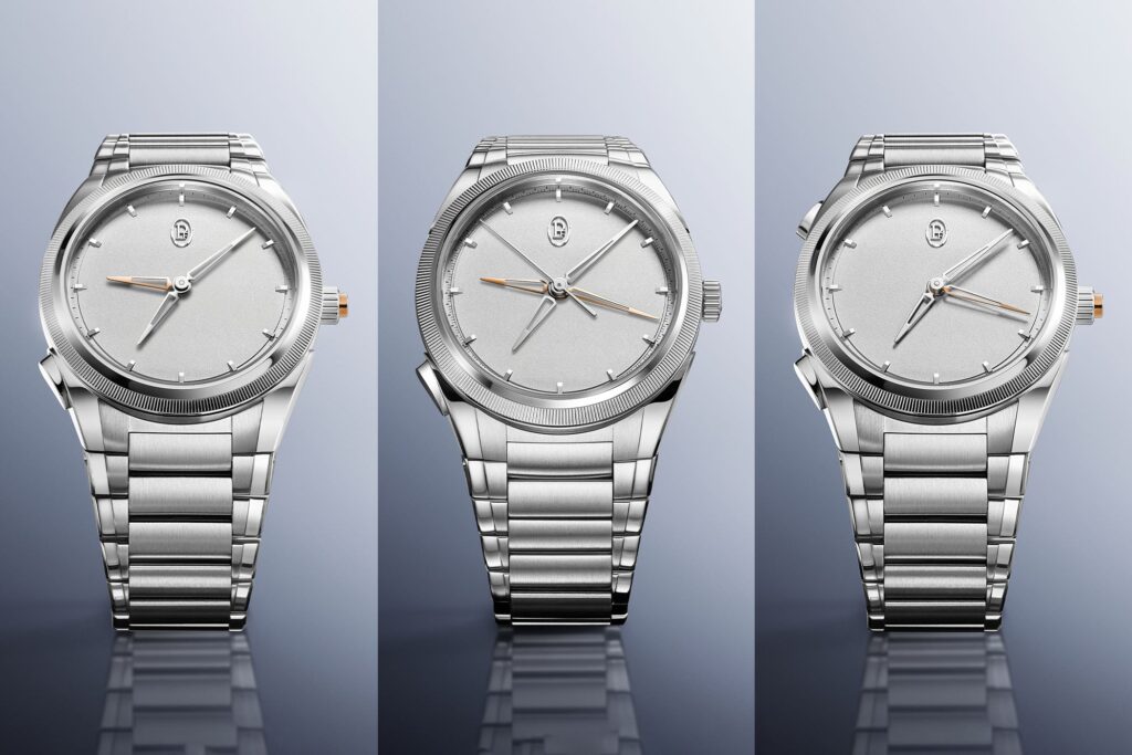 Parmigiani Fleurier Dresses Its Hidden-Complication Tonda PF Trilogy in Platinum Parmigiani Fleurier Tonda PF platinum trilogy with sandblasted platinum dials and integrated bracelets