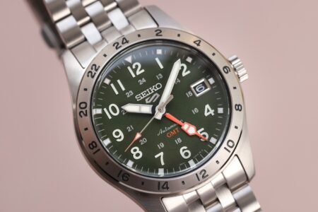 Seiko Adds Khaki Drill and Desert Sand to the 5 Sports Field GMT Seiko 5 Sports Field GMT Khaki Drill with green dial and stainless steel bracelet