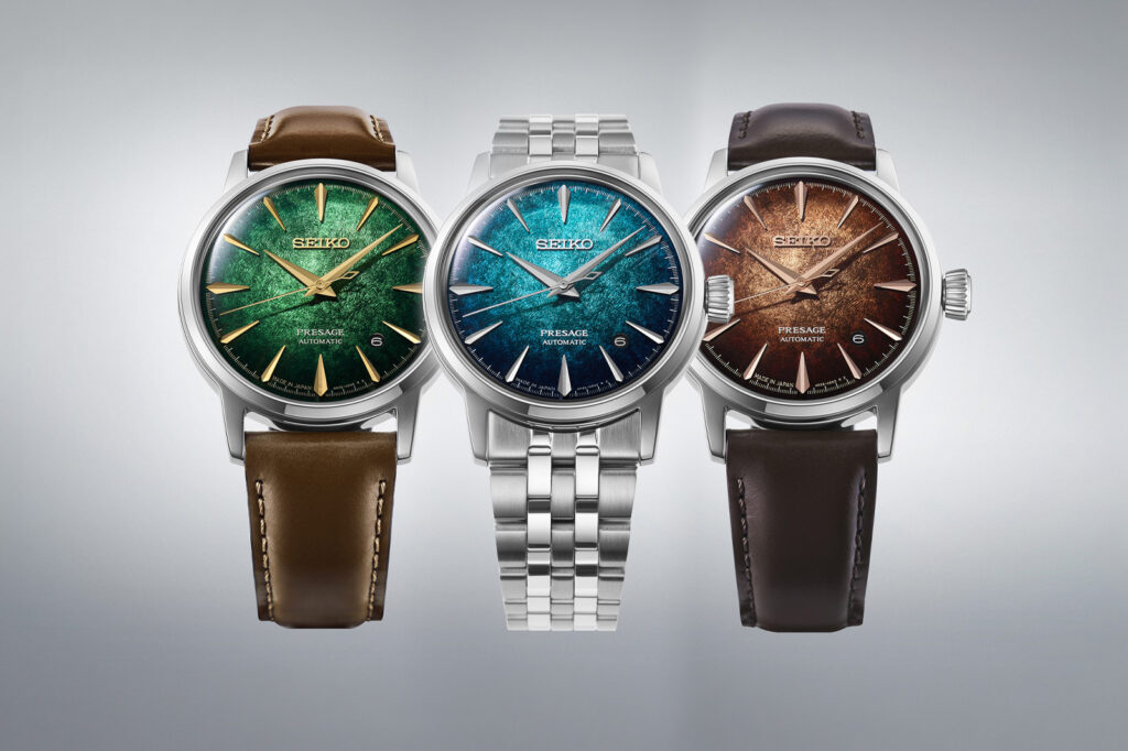 Seiko Presage Cocktail Time Crushed Ice watches with blue, green and brown textured dials