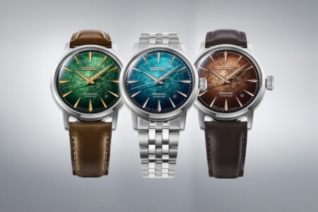 Seiko’s Presage Cocktail Time Gets a Frosted New Trio Seiko Presage Cocktail Time Crushed Ice watches with blue, green and brown textured dials