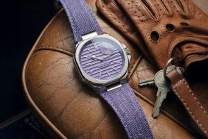 Speake Marin Ripples Portobello watch with lavender rippled dial and matching strap