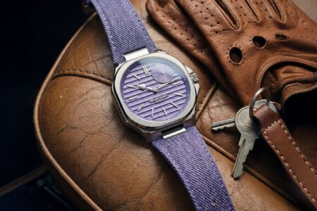 Speake Marin Ripples Portobello watch with lavender rippled dial and matching strap