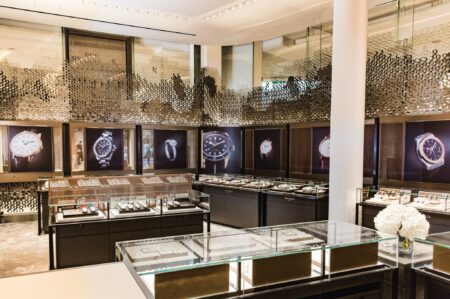 Luxury Swiss watches displayed in a boutique window
