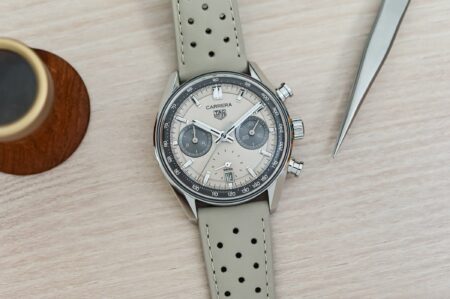 TAG Heuer’s Sand Carrera Glassbox Gives the Chronograph a Softer Summer Mood TAG Heuer Carrera Chronograph Glassbox Sand with beige dial and perforated strap