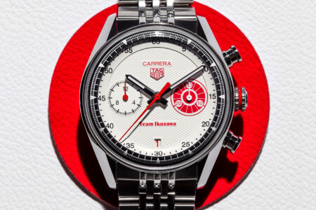 TAG Heuer Carrera Chronograph x Team Ikuzawa Turns the Glassbox Into a Japanese Racing Statement TAG Heuer Carrera Chronograph x Team Ikuzawa with white textured dial and red accents