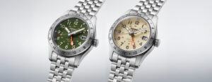 Seiko 5 Sports Field GMT Brings Travel-Watch Utility to a Compact Field Case Seiko 5 Sports Field GMT with green dial and orange GMT hand on steel bracelet