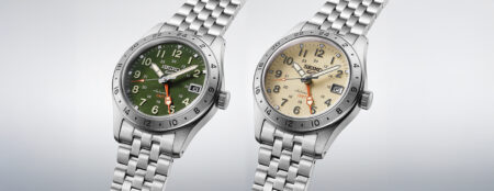 Seiko 5 Sports Field GMT Brings Travel-Watch Utility to a Compact Field Case Seiko 5 Sports Field GMT with green dial and orange GMT hand on steel bracelet