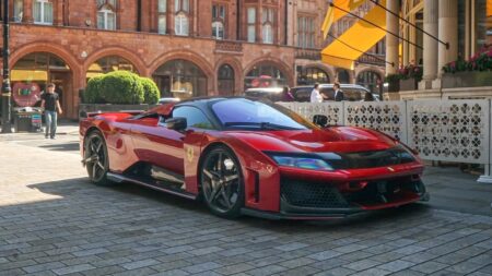 London’s First Ferrari F80 Arrives in Deep Red Deep red Ferrari F80 with black aerodynamic details in London