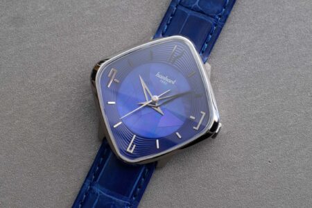 Hanhart Square by Square shaped stainless steel watch with domed sapphire crystal and blue dial